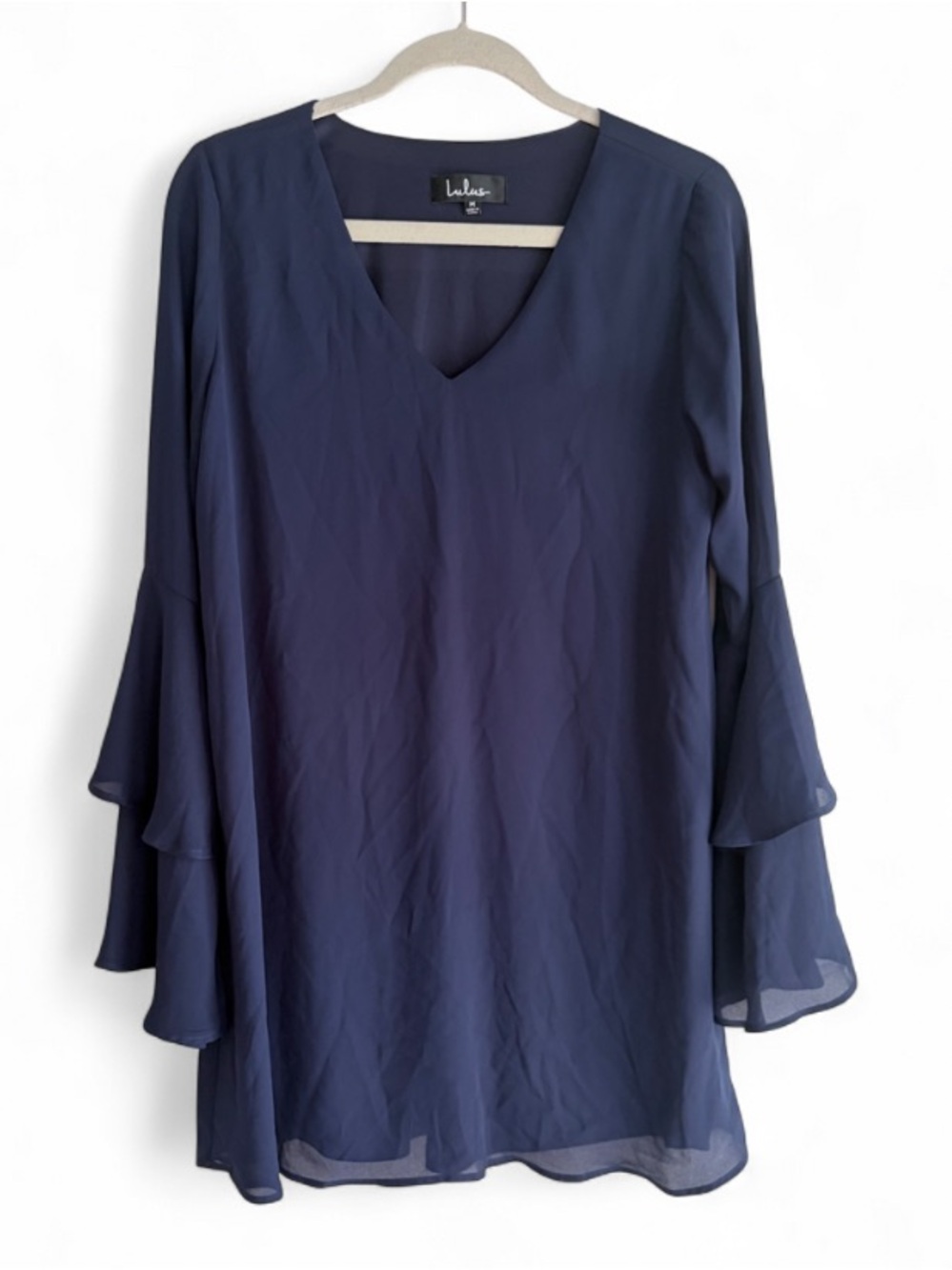Lulu's Navy Blue Chiffon Ruffle Bell Sleeve Boho Mini Dress Size M